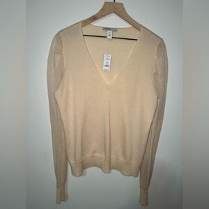 White House Black Market Puff Long Sleeve Top SZ XL V Neck Color Cream